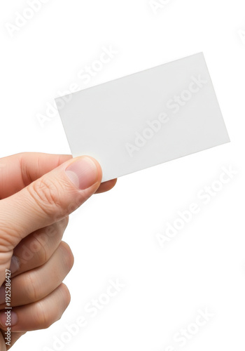 Hand holding a blank business card isolated on transparent background