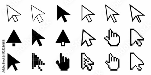 Collection of various black and white computer cursor icons displayed