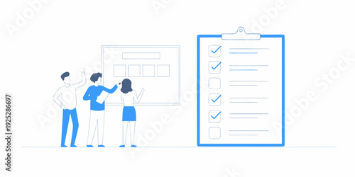 Team collaboration with a checklist and planning on a white board