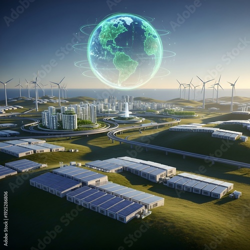 Sustainable Future City Landscape with Renewable Energy, Smart Grid & Global Digital Connectivity