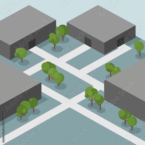 Isometric view of a serene suburban neighborhood with trees and houses.