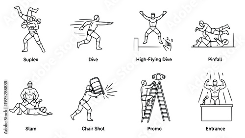 Collection of professional wrestling moves and actions illustrated in simple black and white line drawings with corresponding labels for various techniques and stages of a match.