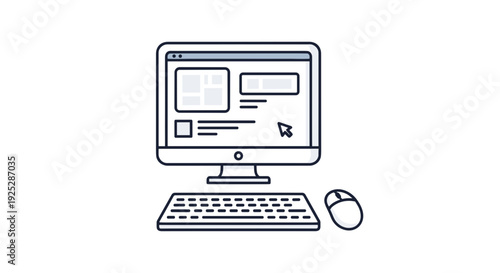 Computer monitor and keyboard with mouse in minimalist outline design  