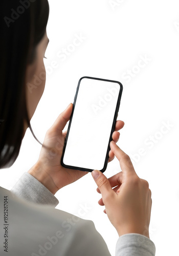 Woman holding smartphone with blank screen isolated on transparent background