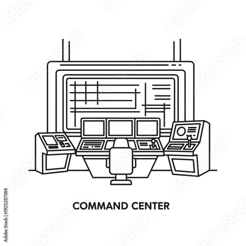 Command center with multiple screens and control panels in line art  