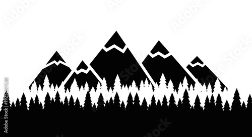 Mountain silhouette with evergreen trees and white background  