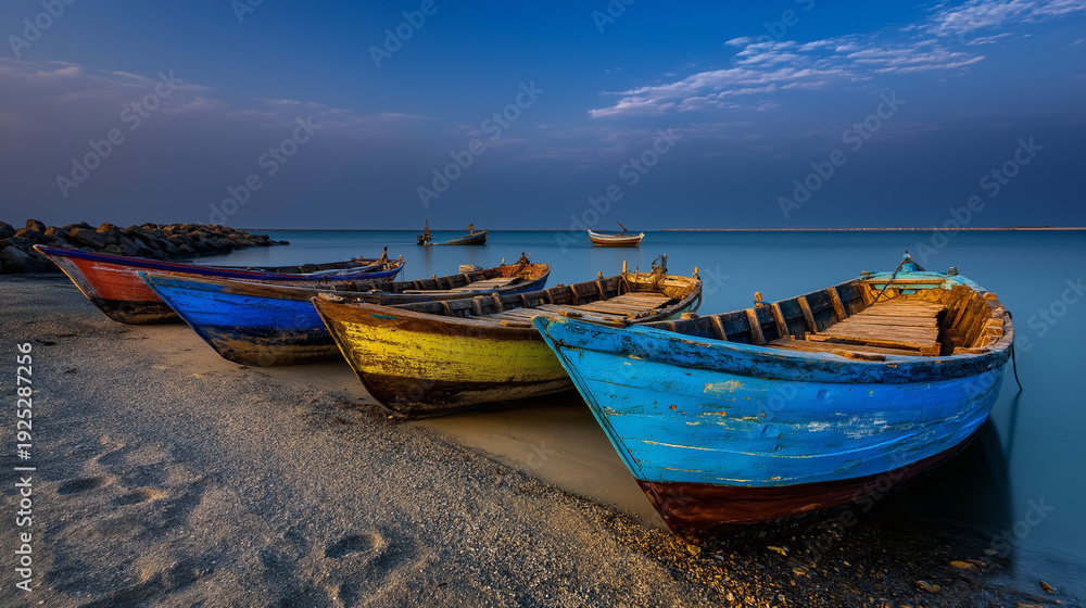 Fototapeta premium AI generator images of Traditional fishing boats moored along the coastline depict the traditional way of life of fishing communities in Asia, such as Thailand. 