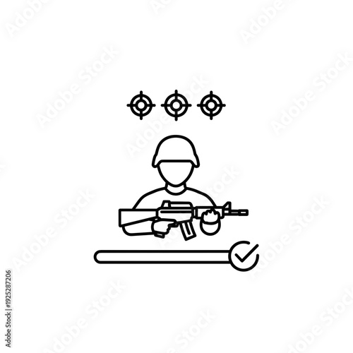 Soldier aiming with rifle and target icons in minimal line art  military training