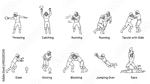 American football players in various action poses illustrated in simple black and white designs showcasing different playing techniques and movements.