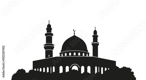 Mosque Silhouette with Dome and Minarets.