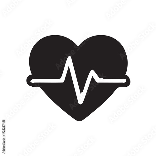 A black heart icon with a white heartbeat line, symbolizing love and health in a simple graphic illustration