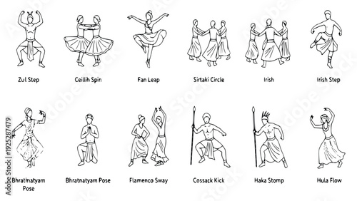 Collection of simple elegant line drawings showcasing various traditional folk dances from around the world with captions in a minimalist design on a white background.