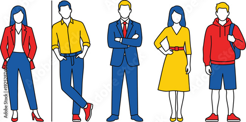 Vector illustration of diverse people silhouettes in business casual and formal attire, featuring professional men and women in colorful outfits
