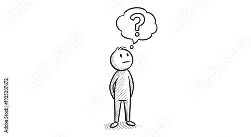 A simple line drawing of a person with a question mark thought bubble above their head isolated on transparent background