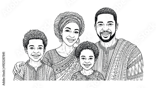 Happy african american family portrait with smiling parents and two children wearing traditional clothing and headwrap standing together in a joyful illustration.