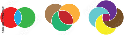 Venn Diagram and Overlapping Circle Infographic Set – Two, Three and Four Intersecting Color Circles Vector Illustration