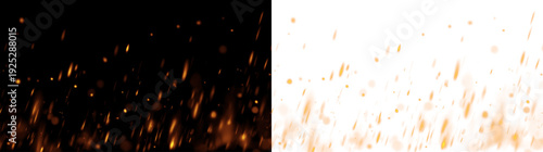 Realistic fire flames with glowing embers and sparks isolated on transparent background. Warm flowing fire effect for overlay design.