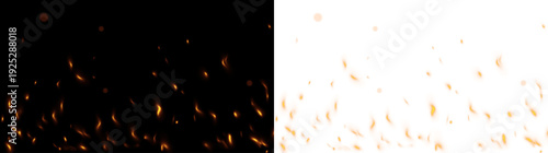 Realistic fire flames with flying sparks and embers isolated on transparent background. Warm burning light effect.