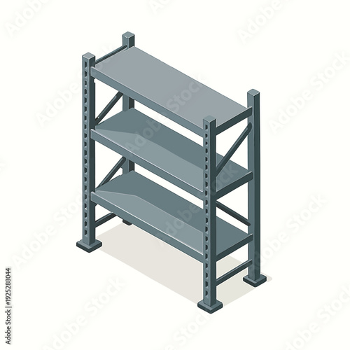 Industrial warehouse storage rack, empty metal shelving unit for inventory organization in a distribution center, isolated isometric view for logistics and supply chain concepts