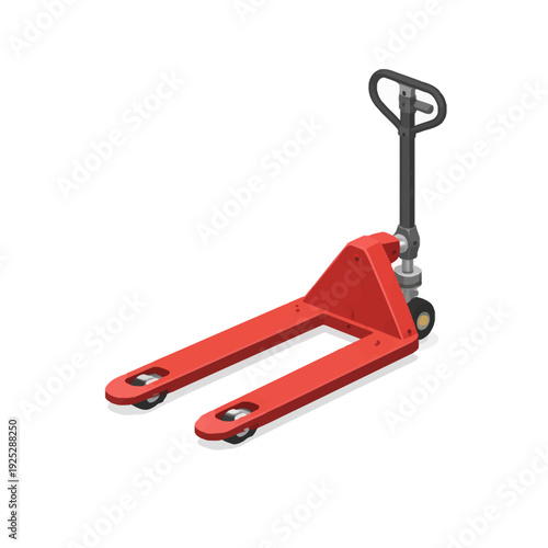 Red manual pallet jack isolated on white background for warehouse logistics and material handling operations, essential industrial equipment for lifting and moving goods within a facility