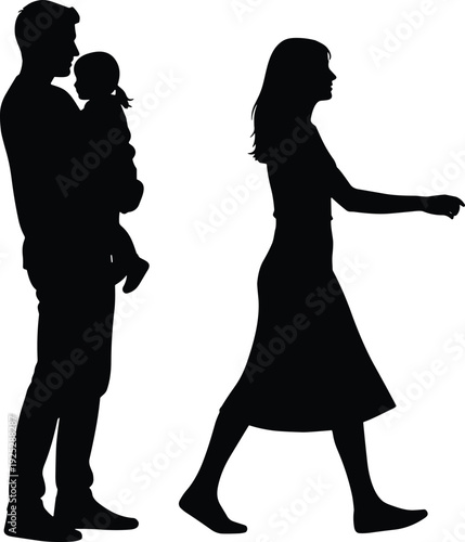 Silhouette of a happy family with father holding a small child and mother walking forward, isolated on white background