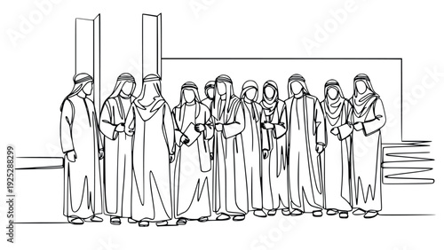 Group of arab muslim men in traditional clothing standing together in a line facing different directions in a simple black and white line art illustration style.