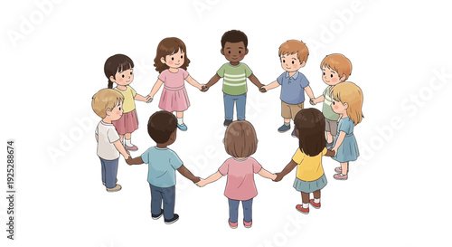 Diverse Group of Cartoon Children Holding Hands.