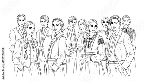 Group of young adults dressed in traditional and modern attire standing together in a cultural gathering with diverse facial expressions.