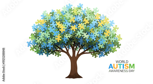 Tree with Autism Awareness Puzzle Leaves.