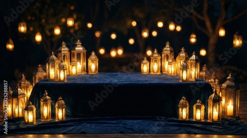 Ramadan Lanterns & Blue Velvet Podium with Gold Theme Background