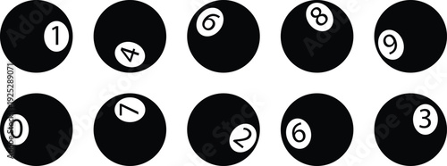 Billiard Balls Icon Set – Pool Game Numbered Ball Solid Vector Collection