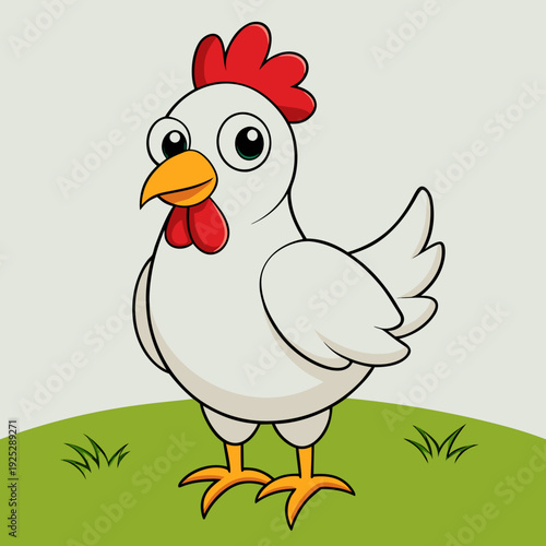 Friendly cartoon chicken standing on green grassy hill