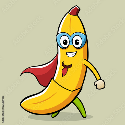 Super banana hero in action with cape and glasses