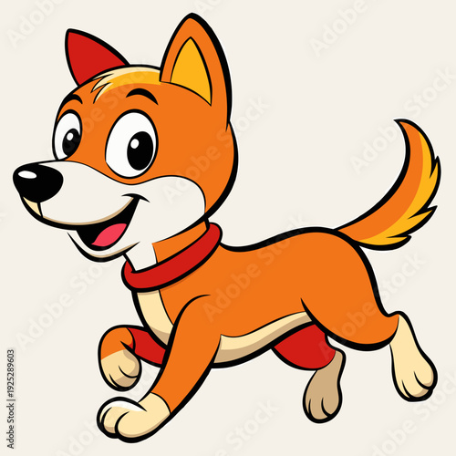 Happy cartoon dog running with red collar and scarf
