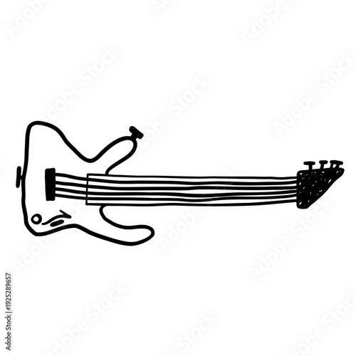 Child’s drawing. Hand drawn doodle electric guitar, simple cartoon instrument. Simple black and white hand drawn doodle of an electric guitar with classic shape, frets, neck and headstock. 