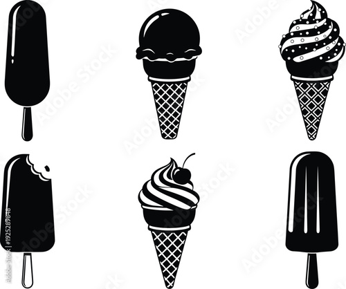 Black vector silhouette set of six diverse frozen treats including ice cream cones soft serve popsicles and gelato for summer dessert branding and cafe advertising
