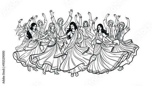 Group of people celebrating festive occasion with traditional garba dance wearing traditional clothing and jewelry in a lively joyful atmosphere.