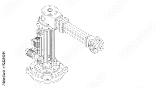 Industrial Pneumatic Cylinder Line Art Technical Drawing – Linear Actuator Engineering Illustration