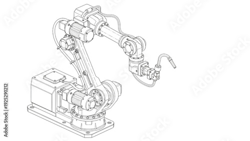 Industrial Welding Robotic Arm Line Art – 6 Axis Automated Welding Robot Engineering Drawing
