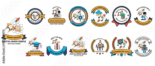 A collection of badges with a theme of rockets