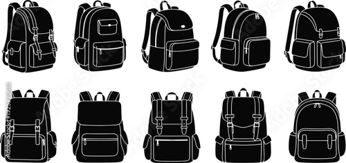 Black vector silhouette set of ten diverse travel backpacks and school rucksacks with adjustable straps and multiple pockets for education commuting and outdoor adventure