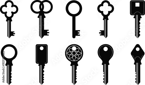 Black vector silhouette set of ten diverse vintage and modern keys including skeleton keys and car keys for security real estate and locksmith branding