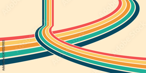 Abstract vintage rainbow wave background with groovy curved stripes. Retro 1970s design, colorful psychedelic pattern for posters, wallpapers or textile decoration.
