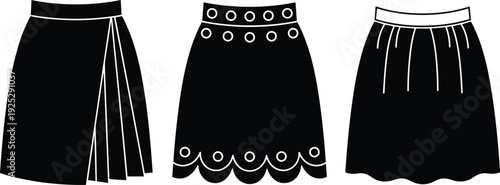 Black vector silhouette set of three diverse women skirts including a pleated wrap skirt scalloped hem design and simple flared skirt for fashion branding
