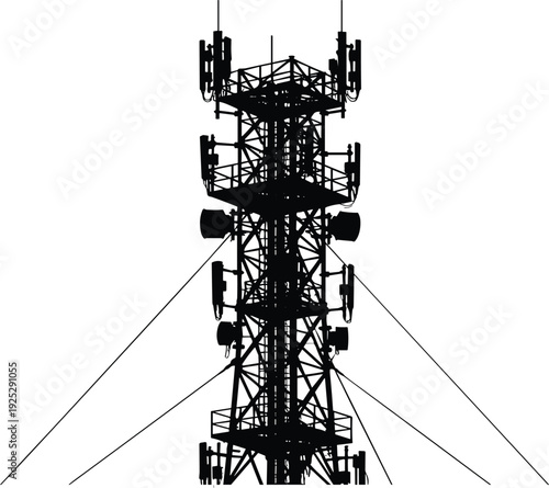 Black and white silhouette of a tall communication tower with multiple antennas