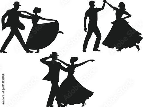 Black vector silhouette set of three professional ballroom dance couples performing elegant waltz and swing routines for performing arts and romantic wedding branding