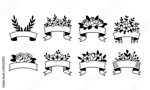 Eight black and white banner designs with floral motifs and ribbons for decoration or branding purposes