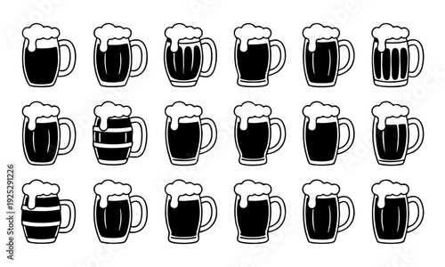 Black and white illustration of multiple beer mugs in rows on a plain background