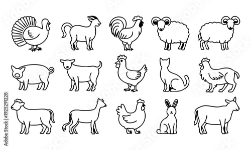 Black and white line drawings of various farm animals and birds in rows on plain background