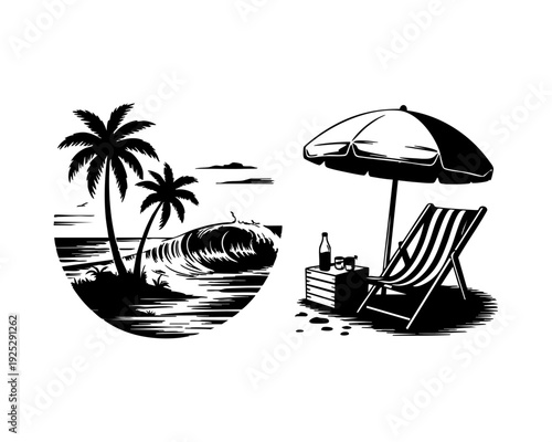 Black and white illustration of a beach scene with palm trees umbrella and lounge chair by the ocean shore
